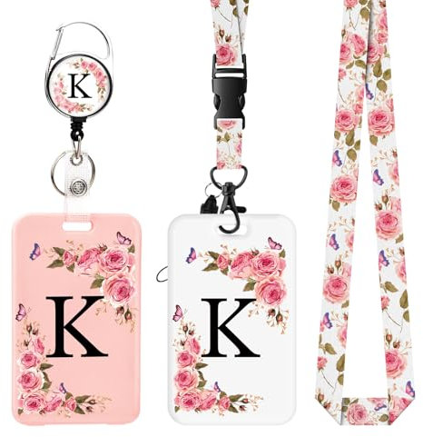 2 pièces Porte Badge avec Lettres A-Z, Lanière Détachable et Clip Rétractable, Porte Cartes Personnalisé avec Enrouleurs de Badge pour Femmes Infirmières Enseignants Étudiants Bureau (K)