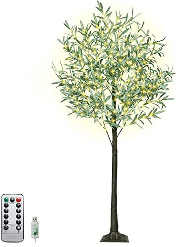 Artificial Olive Tree with 300 Warm White LEDs 180cm LED Light Tree with 8 Light Modes Remote Control USB Powered Indoor Outdoor Christmas Decoration IP44 Rated