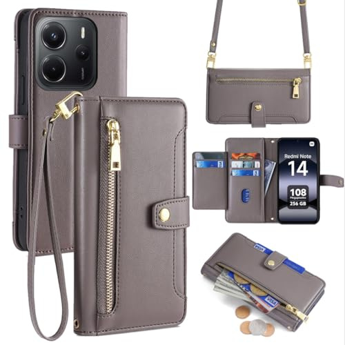 betterfon Handykette kompatibel mit Xiaomi Redmi Note 14 4G | Leder Handyhülle mit Kartenfächern | Handyhülle zum Umhängen | Grau