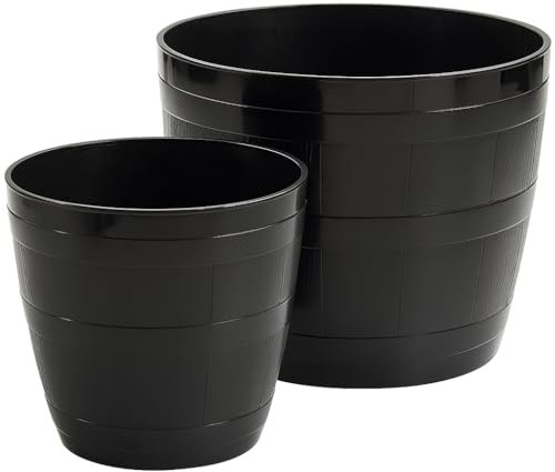 RANRHA Black Barrel Style Plastic Planters -Garden Flower Pots with Drainage Holes – 30cm Medium 50cm Large Decorative Outdoor & Indoor Plant Containers – Weather Resistant, Lightweight (34cm)