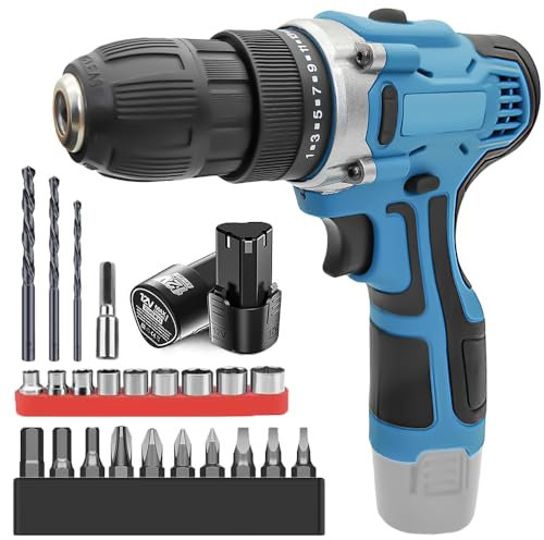 Akkuschrauber, 12V Akku Bohrschrauber Set mit 2 Akkus 3000mAh und 23Zubehöre, Werkzeugkoffer, Akkubohrer 45Nm Max Drehmoment, 25+1 Drehmomentstufen, 2-Gang, 10mm Bohrfutter, für Haus DIY