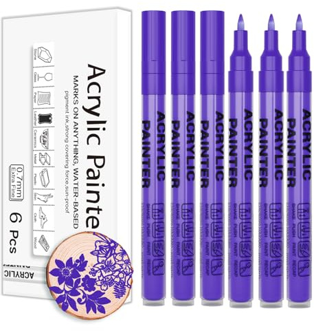 Alitastro Purple Acrylic Paint Pens 6 Pcs Permanent Marker Pens Extra Fine | Waterproof, Quick Dry, Non-fading, 0.7mm Water-based Acrylic Pens for Rock Painting Glass Stone Ceramic Metal Fabric Pebble