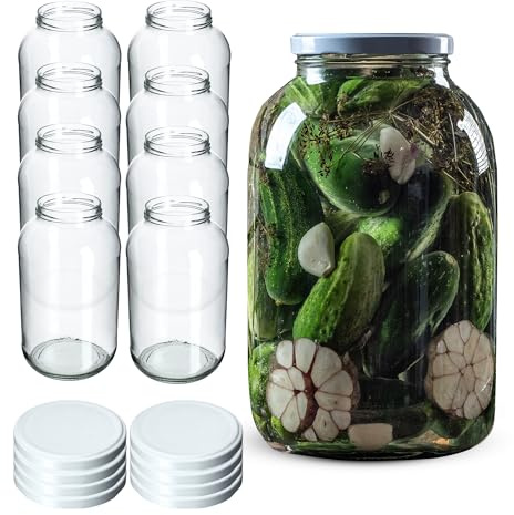 KADAX 8st Einmachgläser 4L mit fi100 mm Schraubdeckel ideal für Gurken, Kombucha, Kimchi, weite Öffnung zum Einlegen, Fermentieren (Weiß Deckel, 8 Stück)