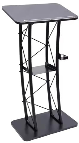 47 Zoll schwarzes Metall-Rednerpult mit Getränkehalter, gebogenes Eisen-Desktop-Podium für Konferenzen und Auditorien, Robustes Design, professioneller Präsentationsständer