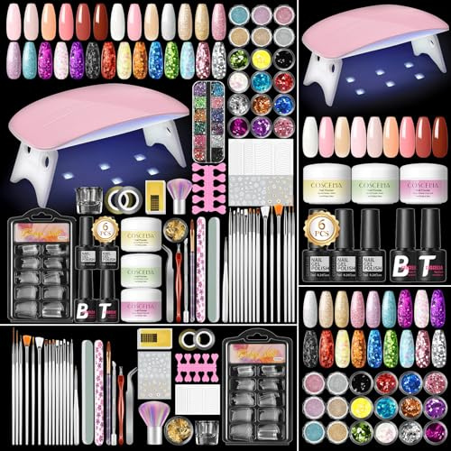 COSCELIA Kit Acrylique Ongles,3 Couleurs Nude Blanc Rose Poudre Acrylique pour Ongles 6 Couleurs Kit Faux Ongles Gel U V Complet avec Kit Lampe Vernis Semi Permanent Base Top Coat pour Débutants