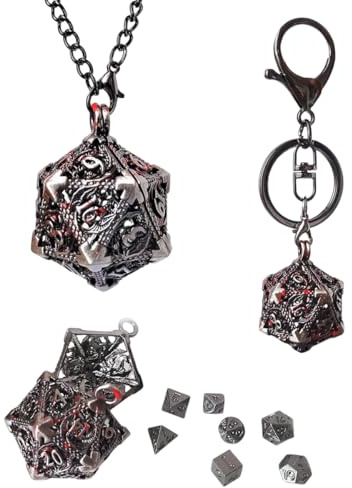 Anhänger Würfel D20 zum Öffnen mit RPG Mini-Würfel-Set – Halskette und Schlüsselanhänger Fantasy Rollenspiele – Zubehör Geek Cosplay – Metall Farbe Bronze oder Silber Unisex (Silber – Silber)