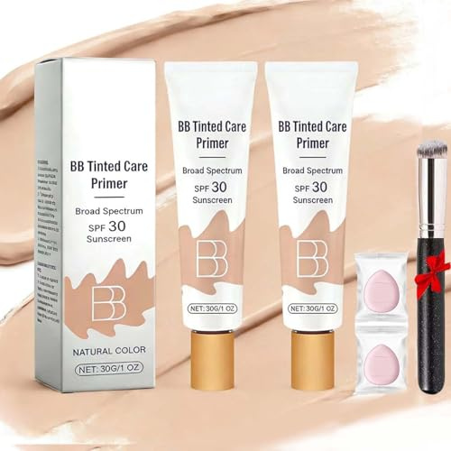 Bb Tinted Care Primer With Brush,BB Cream Tinted Moisturizer,Lightweight Hydrating Primer,Evens Skin Tone & Smooths Appearance, Full Coverage,For All Skin Types (Natural,2Pcs, U44)