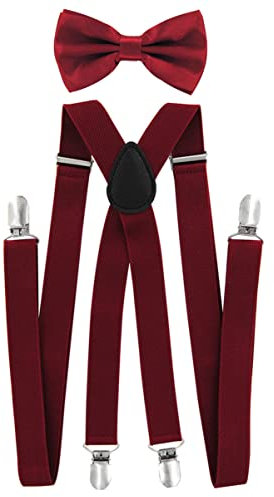 axy Herren Hosenträger mit Fliege - 4 Starken Clips X-Form (Weinrot (Hosenträger Breit 2,5cm))