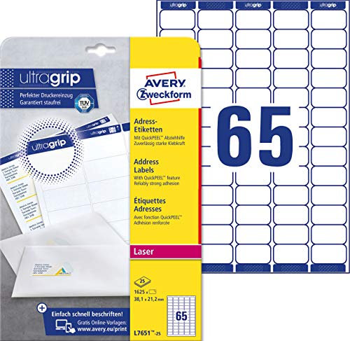 AVERY Zweckform L7651-25 Adressetiketten/Adressaufkleber (1.625 Etiketten mit ultragrip, 38,1x21,2mm auf A4, bedruckbar, selbstklebend, für Absenderetiketten, Papier matt) 25 Blatt, weiß