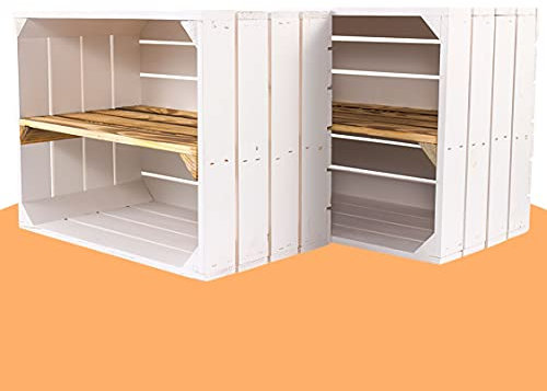 4 Neue weiße Holzkisten mit geflammten Mittelbrett 50cm x 40cm x 30cm Schuhregal Wandregale Obstkiste Weinkiste Regal aus Holz Ablage Küchenregal Vintage Dekoration