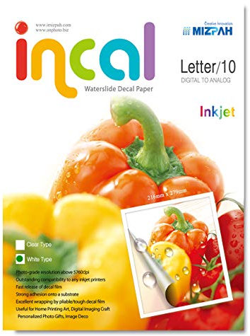 [Incal Paper] Waterslide Decal Paper Inkjet White, Letter Size(216x279mm) 10sheets, DIY Photo Printing Craft, Real Photo-Grade Resolution, Stronger Adhesion/Fast releaing, Pliable Decal Film