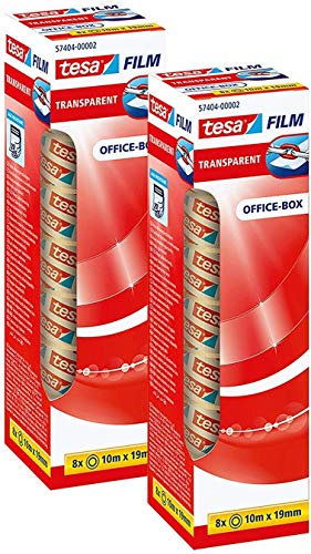 tesa transparent - Transparentes Klebeband mit starker Haftung - alterungsbeständig und reißfest, Office-Box mit 8 Rollen (2x 8 Rollen / 10m x 19mm)