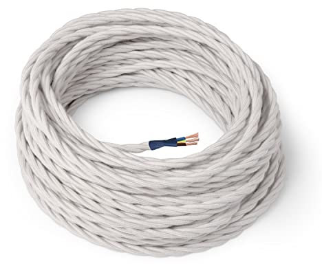 Amarcords - Cable de tela color BLANCO, trenzado, algodón, 20 metros, con tierra 3x0,75 - Hilo eléctrico textil de color estilo clásico para lámparas bricolaje y iluminación vintage.