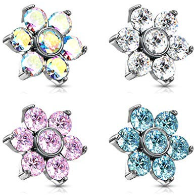 Paula & Fritz® Aufsatz-Dermal Anchor Zirkonia Blume viele Farben 316L Chirurgenstahl 1,6-mm Gewinde Haut-Anker Skin Diver Implantat Kugel Blüte Flower