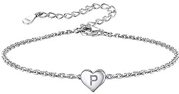 Silvora Initiale Alphabet P S925 Silber Buchstaben Alphabet Armbänd 16cm+5cm Damen Fußkettchen mit Herzen Anhänger für Frauen/Mädchen