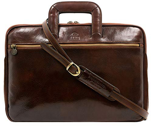 Time Resistance Slim Leather Briefcase - Italian Handmade Leather Computer Bag - Laptop Bag (Brown)