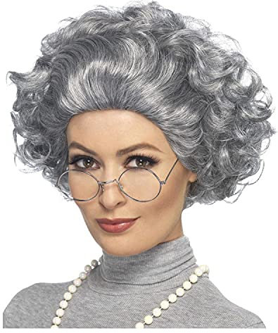 WOOOOZY NEU Oma-Set, grau, mit Perücke, Brille und Perlenkette - mit Haarnetz