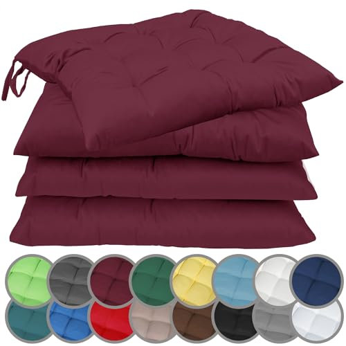 NatureMark Set de 4 Cojines para Sillas con Lazos 40x40 cm – Cojín de Asiento Relleno para Cocina, Jardín y Terraza – Color Rojo Burdeos