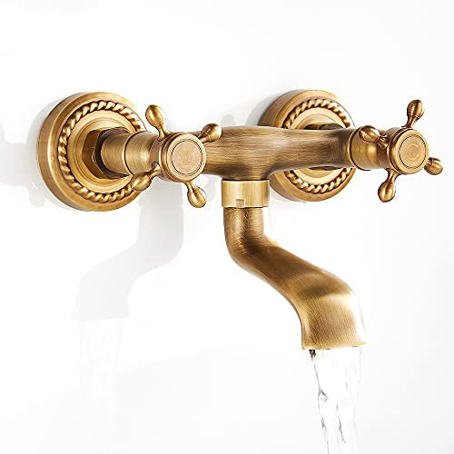 Rubinetto Ottone a Muro Anticato Rotazione 180 ° Miscelatore a Parete Doppio Classico Leva Caldo e Freddo Raffinat