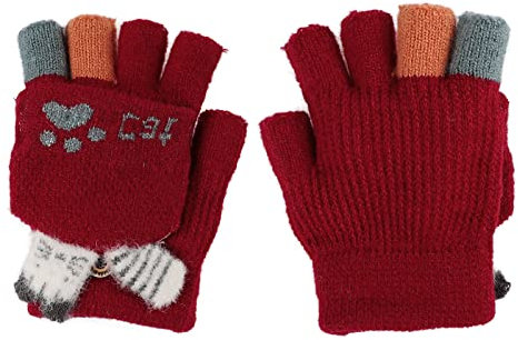 Fäustlinge mit Knopf Klappe Fingerlose Handschuhe für Kinder Kleinkinder Winter Warm Strickhandschuhe Plüschfutter Winterhandschuhe Herbst und Winter Fingerhandschuh Unisex (Katze-Rot)