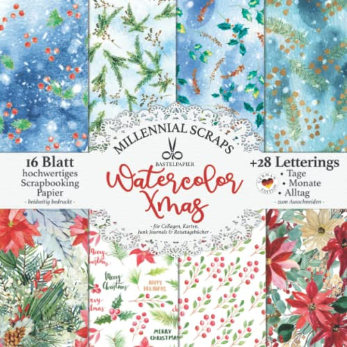 Bastelpapier Watercolor Xmas – für Collagen, Karten, Junk Journals & Reisetagebücher –: Decoupage DIY Papier & Zubehör zum Ausschneiden I Mit Letterings I Kalender Basteln, Tagebuch Deko & Inspo