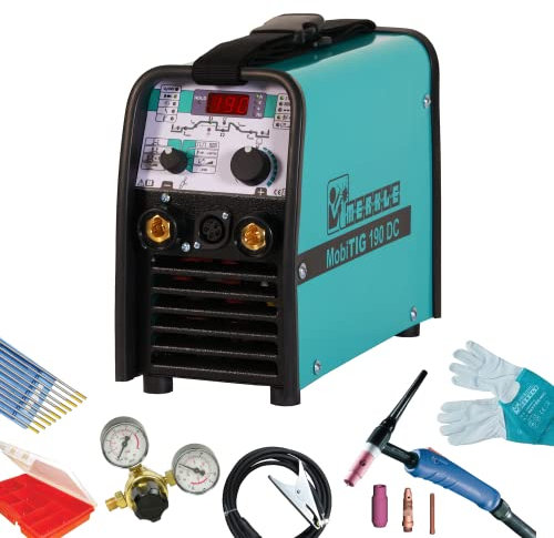 MERKLE Schweißgerät MobiTIG 190 DC, WIG(TIG)-Anlage | Zubehör-Set | Stufenlos | inkl. 4-8 Mtr. Brenner | 2-/4-Takt-Betrieb | Hochfrequenz- und LiftTIG-Zündung | TIG-Puls Funktion (4 Meter Brenner)