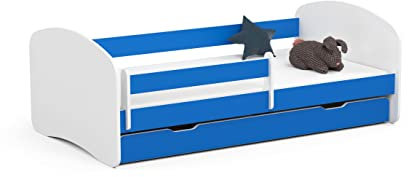 ADGO Smile Set Kinderbett + Matratze 180x90 cm, Bett mit Rahmen, Schublade und Barrieren, fürs Kinderzimmer, Jugendbett mit Rausfallschutz, Lattenrost Kinderbetten (Versand in 2 Paketen) (Blau)