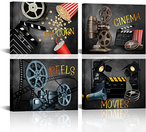 LyerArtork 4-teiliges Vintage-Kino-Wanddekor-Set für Filmemachen, Klöppelbrett, Popcorn-Malerei, Poster, Filmrollen, Bilddrucke für modernes Heimkino, Kino, jedes Stück, 30.5x40.6 cm (klein)
