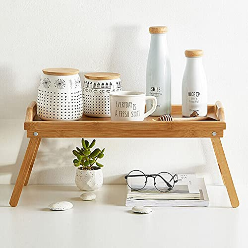 LIZZIE JACOBS New Bamboo Bedside Table with Foldable Legs Bed Tray Breakfast Tray for Sofa Bed Eating Working Used As Desk for Laptop Snack Serving