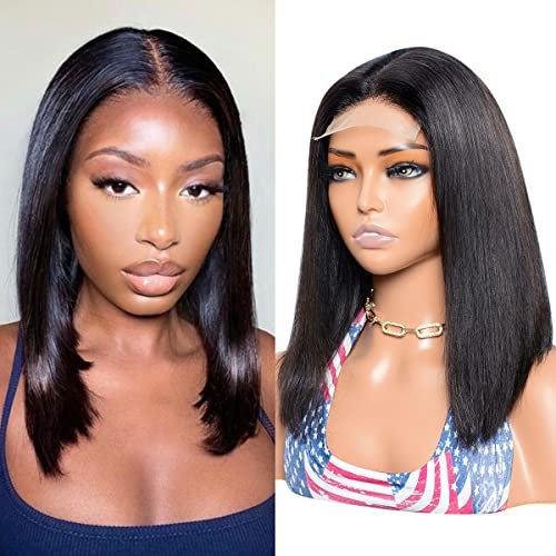 Ghair 4x4 Lace Closure Wig Bob Echthaar Perücke Brazilian Human Hair Wig 180% Density Damen Pre Plucked with Baby Hair Straight Glueless Wigs Natural Black Color 14 Zoll