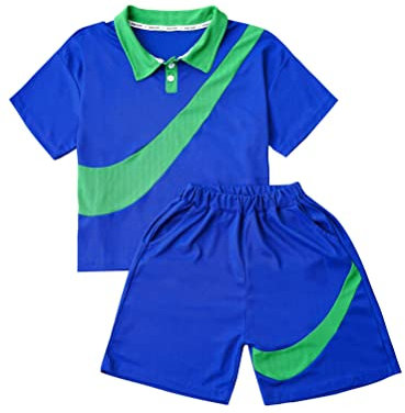 YOOJIA 2Pcs Boys Short Sleeve T-Shirt with Performance Basketball Football Jersey Sports Active Shorts Set Activewear Tracksuit Blue 5-6 Years