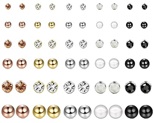 30 Paires Set Clous d'Oreilles Acier Inoxydable, Boucles d'Oreilles CZ Hypoallergénique, Mignonnes Boule Boucles d'Oreilles pour Femmes Filles, Perle Boule De Cristal