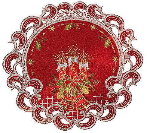HanaQi Weihnachten Tischläufer Tischdecke Dunkelrot Leinenoptik Rot Kerzen Stickerei (30 cm Rund)