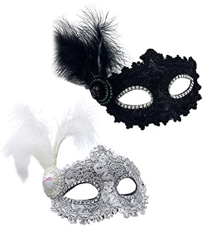 TSHAOUN 2 Stück Venezianische Maske Maskerade Gesichtsmasken Damen Kostüm Federn Maske, Lace Augenmaske Prom Mask für Karneval Kostüm Dekorationen Halloween Party Maskenball