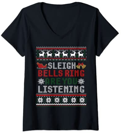 Damen Schlittenglocken Ring Are You Listening Weihnachten Hässlicher Pullover T-Shirt mit V-Ausschnitt