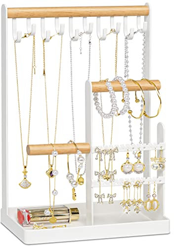 MetWoods Schmuckständer Schmuckhalter, Schmuckbaum-Kettenhalter mit Aufbewahrungsbasis, Schmuck-Organizer-Ständer, Kettenaufbewahrungsständer für Halsketten, Armbänder, Ringe, Weiß