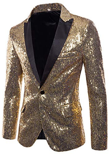 Mugoebu Herren Slim Fit Sakko Blazer Anzugjacke Freizeit EIN-Knopf Pailletten Glitter Anzug Jacke Karneval Kostüm für Hochzeit Party Festlich (Gold, XL)