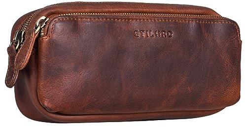 STILORD 'Melissa' Federmäppchen Leder Groß Vintage mit Reißverschluss Stiftemappe Großes Etui Schule Uni Echtleder Kosmetiktasche für Damen und Herren, Farbe:Kara - Cognac