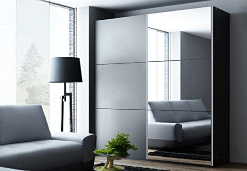 Kleiderschrank Vigo mit Spiegel 120 cm, Schwebetürenschrank, Garderobeschrank Schlafzimmer; Wohnzimmerschrank; Korpus Schrank Farbe: Schwarz; Farbe der Schrankfront: Schwarz; Mehrzweckschrank