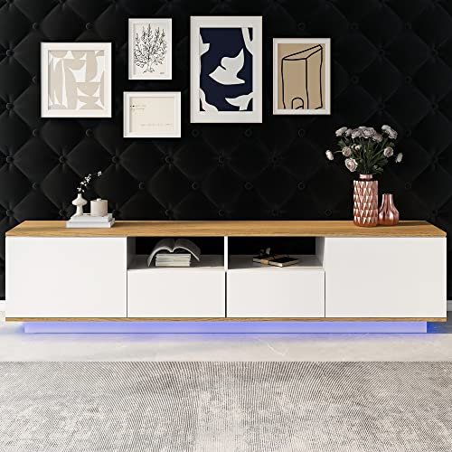 Merax TV Lowboard 180cm Breite mit LED Beleuchtung, Moderner TV Schrank mit 2 Schließfach und 4 offenes Regal, Fernsehschrank für Wohnzimmer und Esszimmer, Weiß & Eiche, 180 x 40 x 50 cm