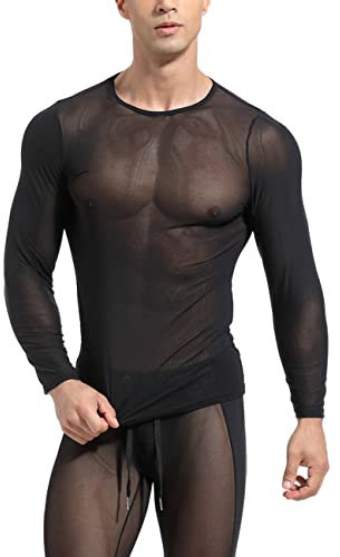 Men See Through Long Sleeve Sheer Mesh Gym Training Workout Tee Shirt Sexy Transparent Tops Clubwear Black XL