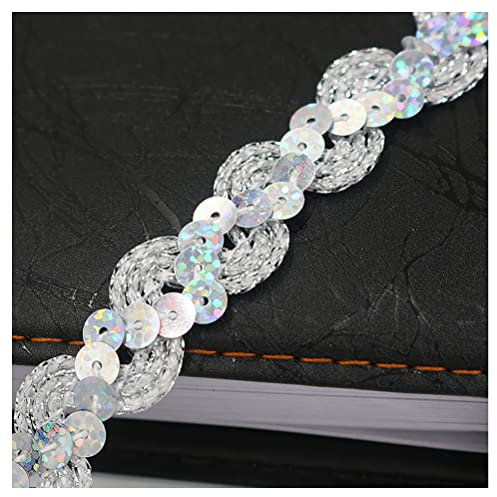 Egurs Paillettenband 15M×15mm Pailletten Bänder Glitzer Geflochten Paillettenborte Paillettenbesatz Bortenband Dekoband Bling Stoff Ribbon für Nähen Kleid DIY Handwerk Bastelprojekte Glitzer Silber