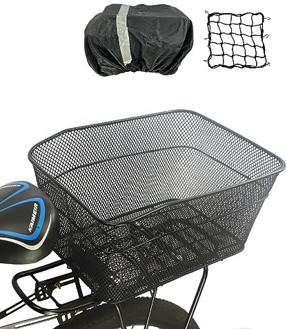 Hinterradkorb, großer Fahrradkorb mit Regenschutz und Gepäcknetz, Metalldraht, Fahrradgepäckträger für Hunde (schwarz, 20 kg)