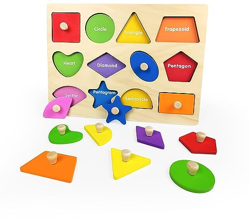 Montessori Puzzle en bois en forme de pince à linge Montessori pour bébé - Puzzle de forme géométrique avec bouton de planche - Puzzles en bois pour tout-petits de 1 à 3 ans