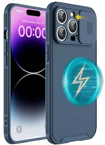 Hitaoyou Slim Magnetic Case for iPhone 15 Pro Case Compatible with Magsafe, iPhone 15 Pro Camera Protection Case [Support Wireless Charging] with Slide Lens Cover, Blue