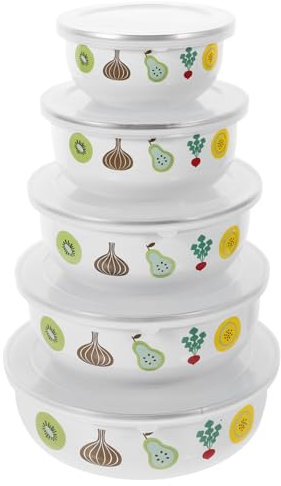 BESTonZON 5 Stück Salatschüssel Set Emaille Schüssel mit Deckel Suppenschüssel Stapelbare Nudelschalen Bento Behälter Frühstück Schale für Paste Nudel Ramen Suppen Salat