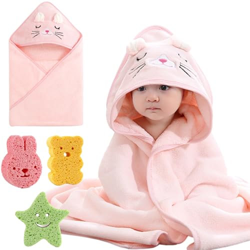 Baby Badetücher mit 3 Badeschwämme, Weich Baby Badehandtuch Kind Kapuzenhandtuch Super Saugfähiges, Baby Waschlappen Handtücher mit Süßen Ohren für Neugeborene/Kleinkinder 0-3 Jahre (Kätzchen)