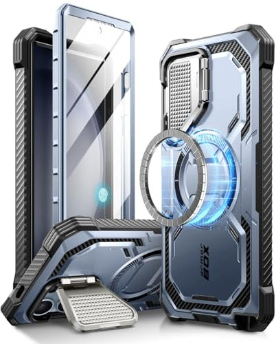 i-Blason Armorbox for Samsung Galaxy S24 Ultra Case MagSafe with Camera Cover Stand [Support Wireless Charger] 360 Full-Body Case with Screen Protector & Kickstand Phone Case for S24 Ultra, Blue