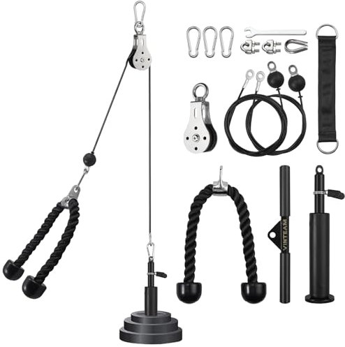 VINTEAM Cable Pulley System Home Gym, Gym Pulley System with Straight Bar Fly Handle, Weight Pulley System for Lat Pull Down, Arm Back Shoulder Workout