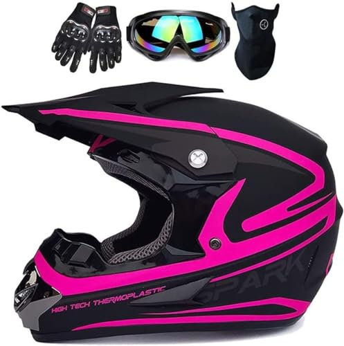 Fullface MTB Motocross Helm, Erwachsene Jugend Enduro Cross Helm Motorradhelm für Fahrrad Downhill Bike BMX Off Road ATV mit Brille Handschuhe Maske(Color:Pink,Size:L(56~57cm))